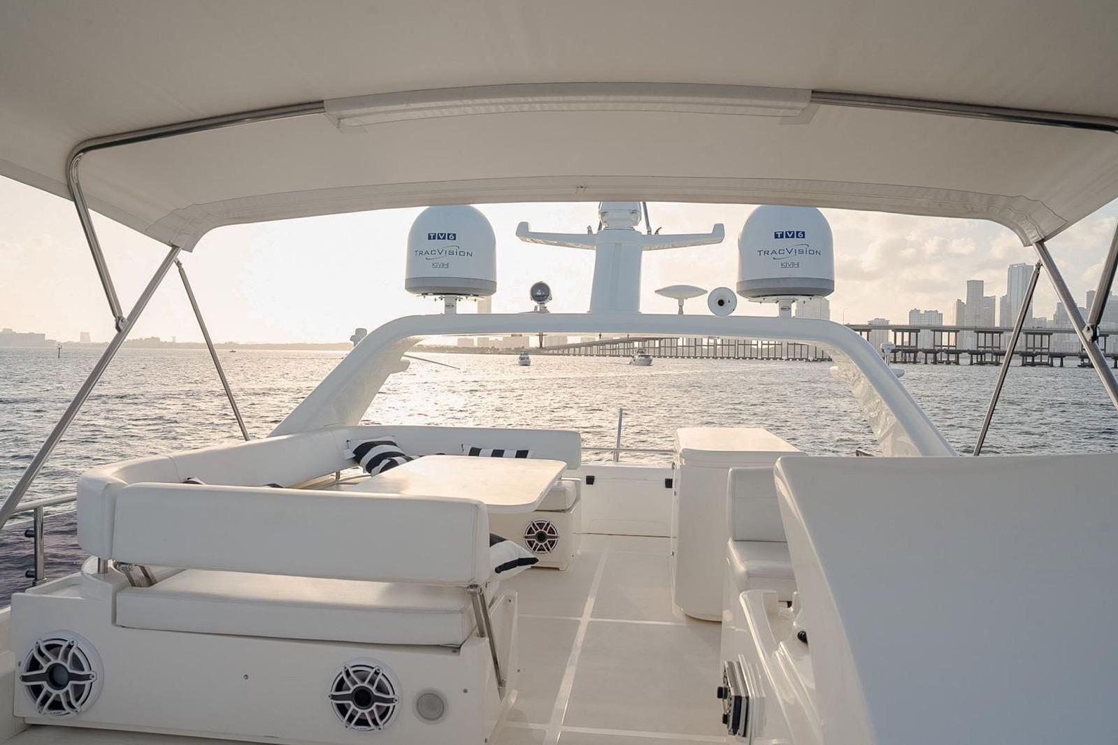 2008 Ferretti Yachts 630 Flybridge, elegant deck view, overlooking serene waters and city skyline.