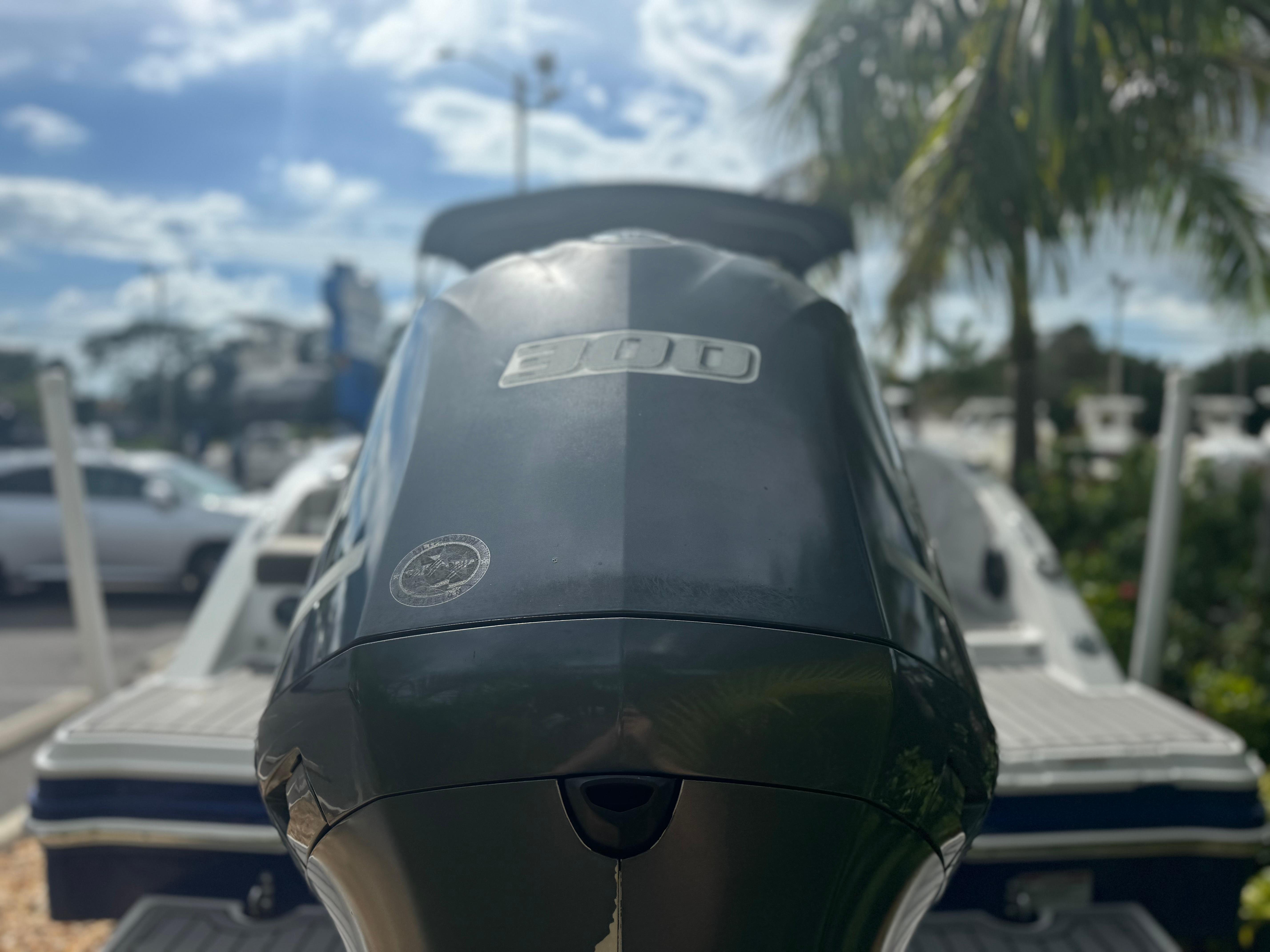 2017 Starcraft 230 OB SCX EXT boat engine close-up with palm trees in background.