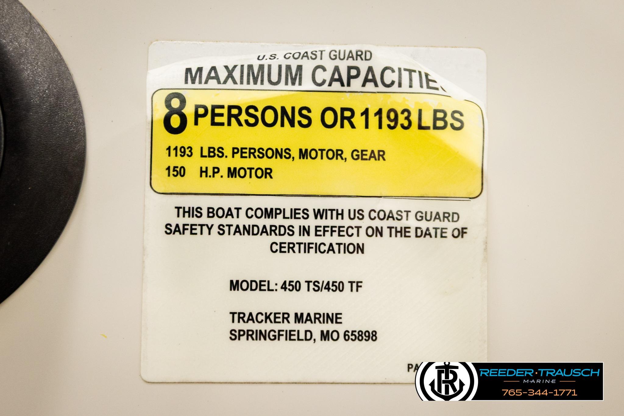 2016 Tahoe 450 TS capacity label: 8 persons or 1193 lbs, 150 HP motor.