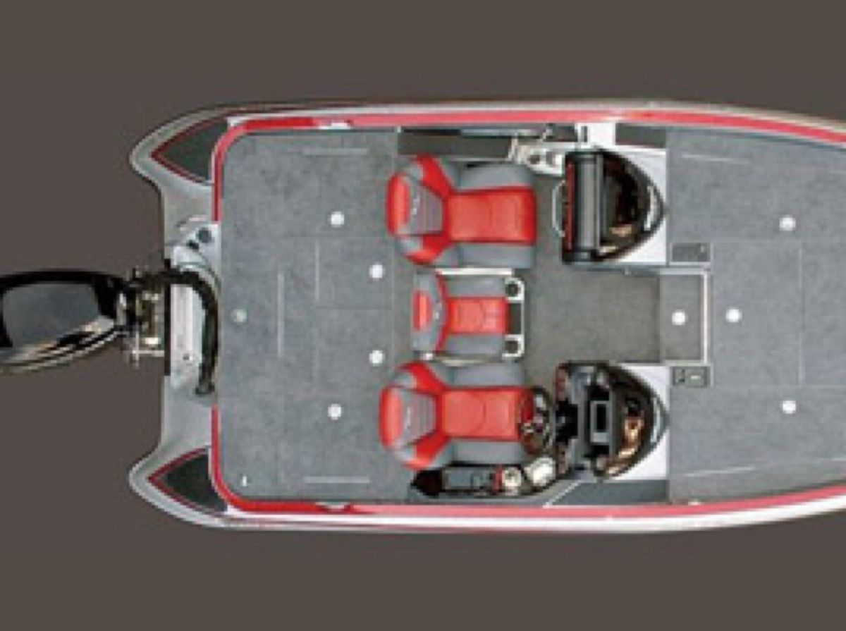Overhead view of a 2015 Triton 18XS with a gray deck and red seats.