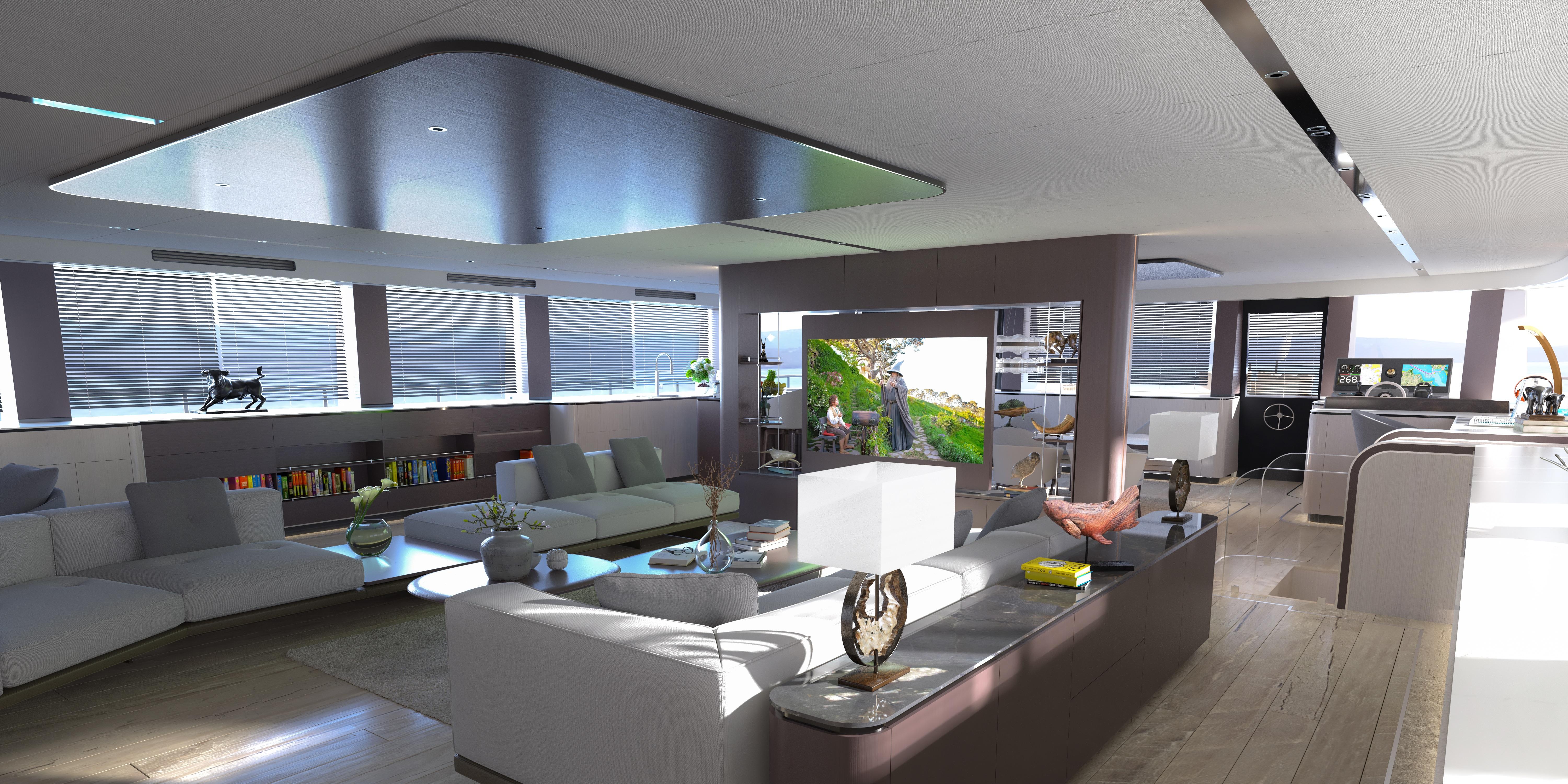 Luxurious VisionF 101 yacht interior, 2025 model, featuring modern design, spacious seating, and elegant decor.