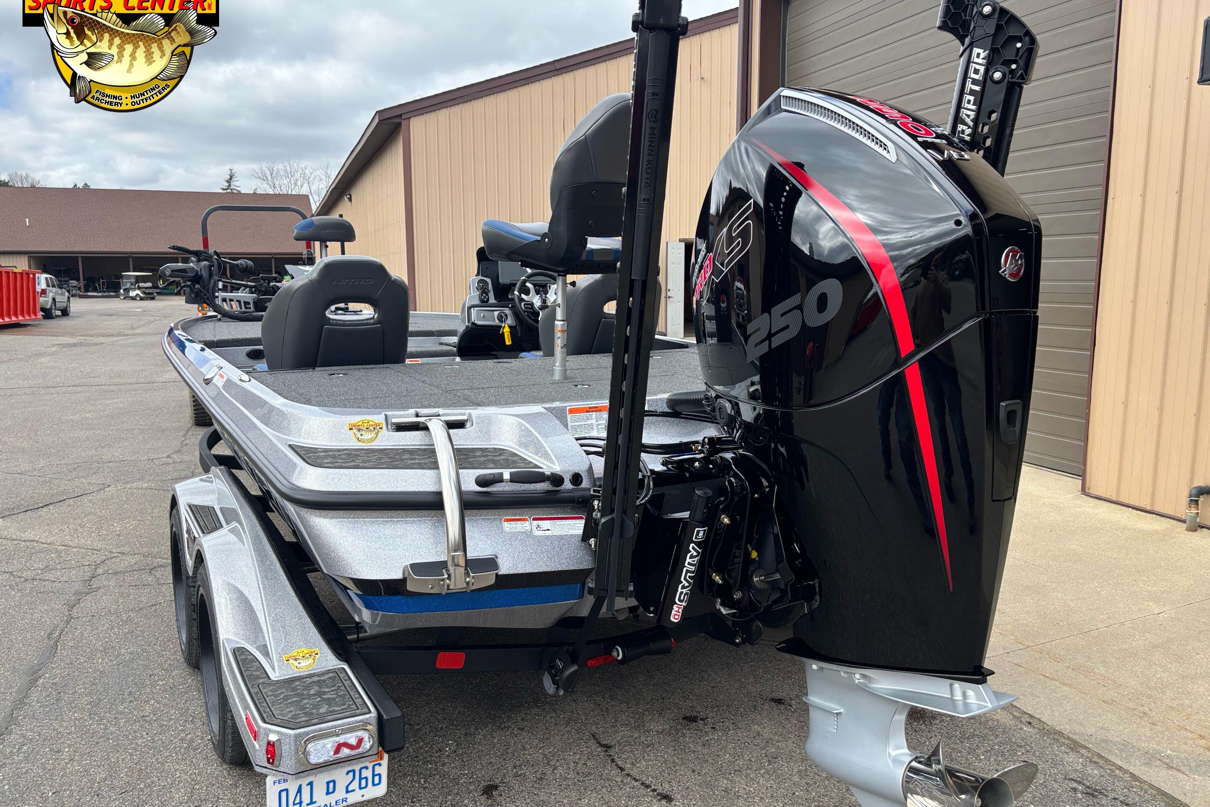 2026 Nitro Z20 XL boat with powerful 250 HP engine, parked outdoors.