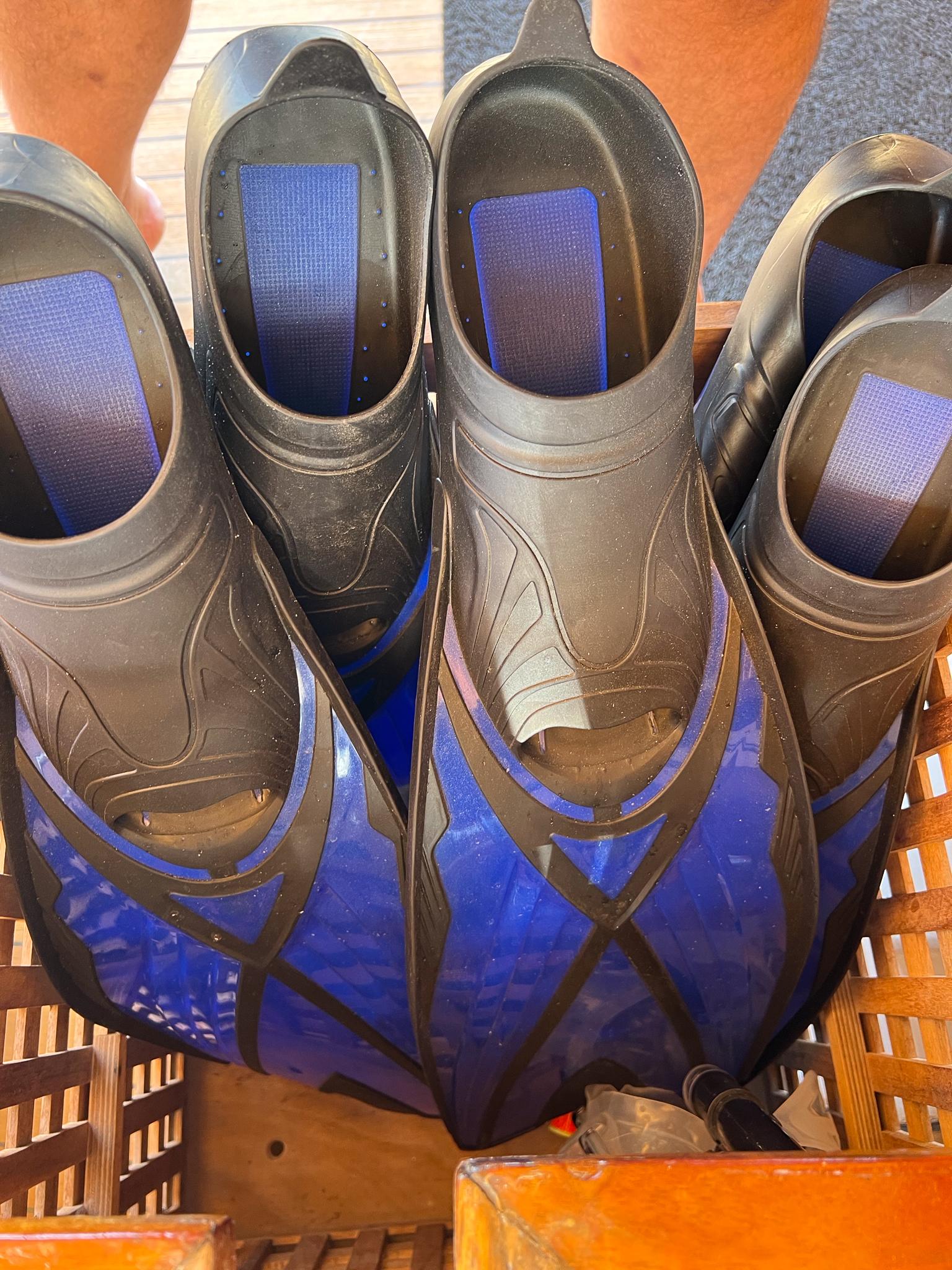 Four pairs of black and blue snorkeling fins in a wooden crate.