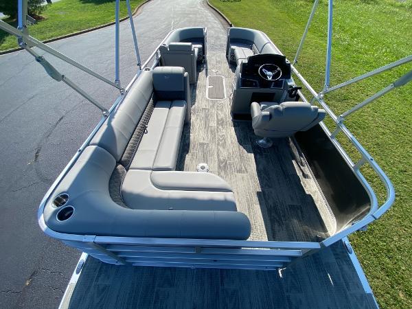 2024 Ranger Reata 223C pontoon boat with spacious seating and modern design.