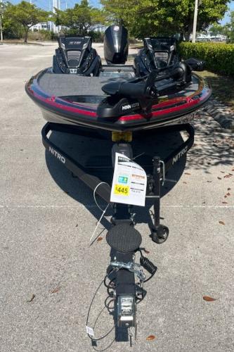 2024 Nitro Z19 boat on trailer, front view, displayed outdoors.