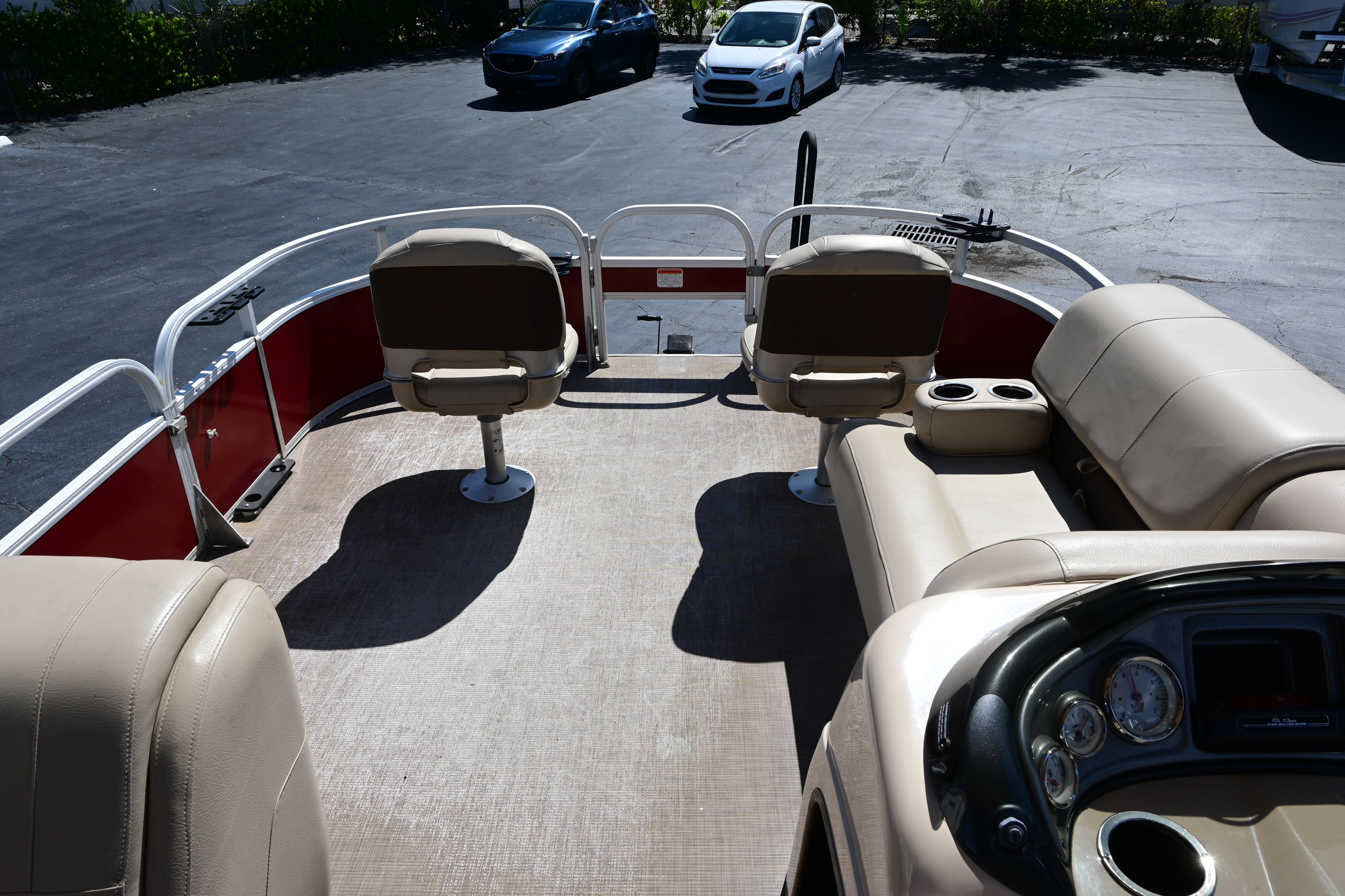Interior of a 2019 Sun Tracker FISHI pontoon boat.