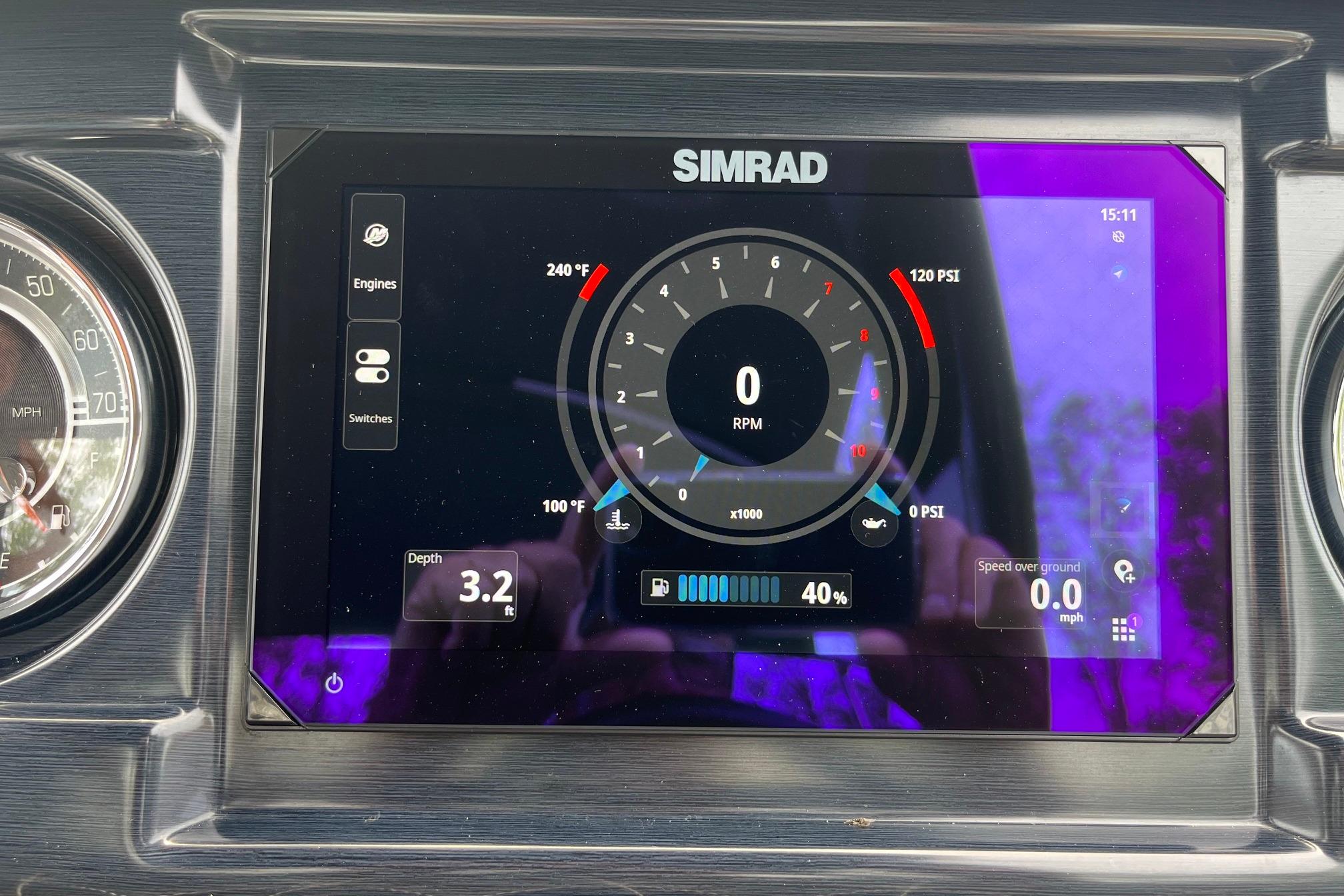 Simrad display on 2024 Harris Grand Mariner 250 showing engine metrics and depth.