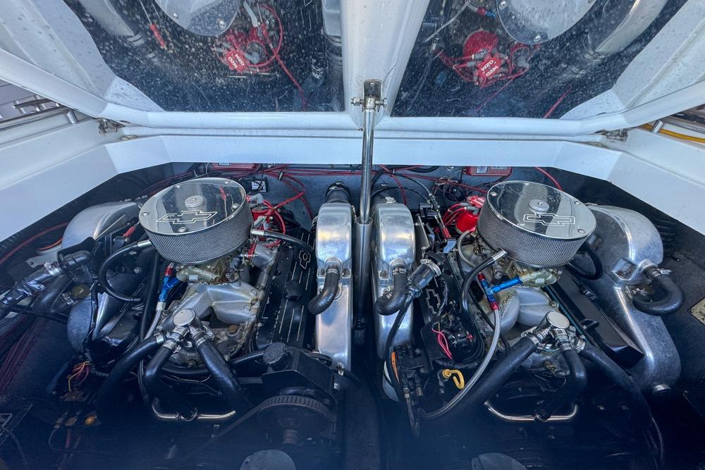 Twin engines in a 1989 Formula 292 SR-1 boat, showcasing detailed mechanical components.