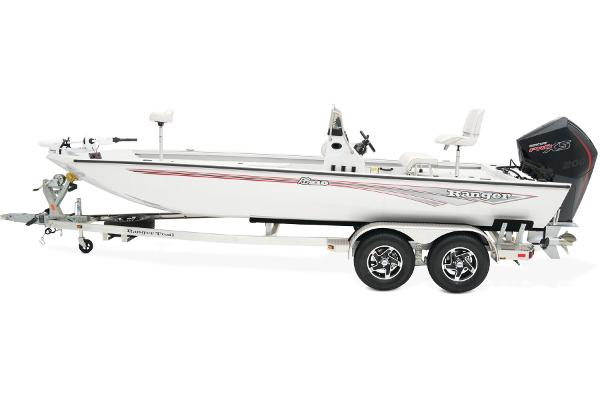 Manufacturer Provided Image: Manufacturer Provided Image: 2025 Ranger RB210 boat on trailer, side view, white with red accents.