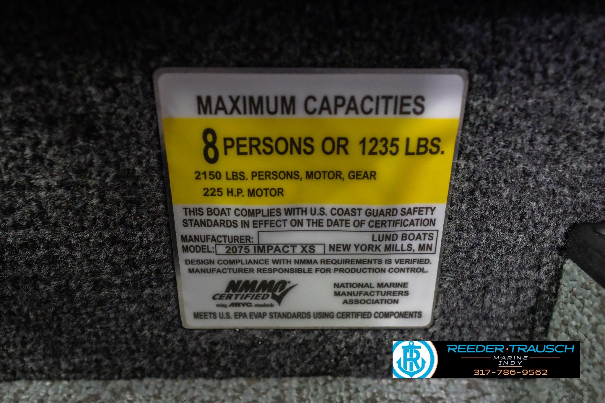 2026 Lund 2075 Impact XS capacity label, 8 persons or 1235 lbs, 225 HP motor.