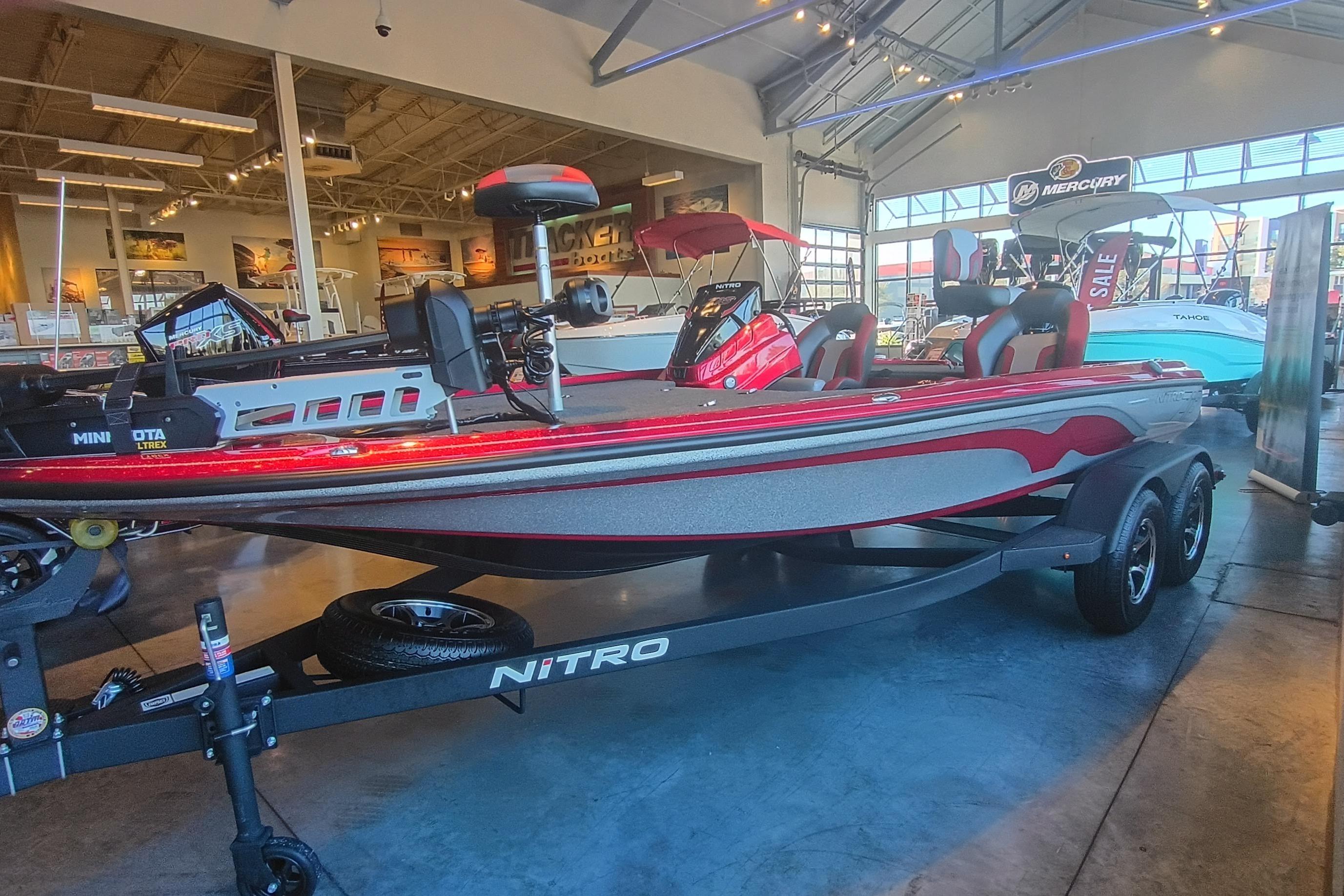 2025 Nitro Z18 Pro boat displayed in showroom, featuring sleek design and modern equipment.
