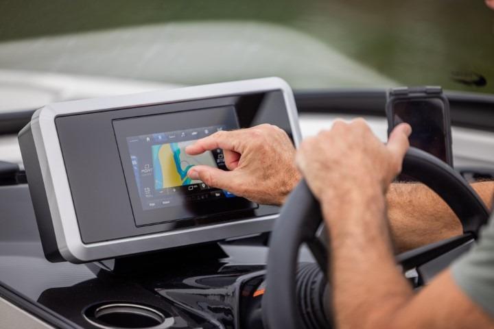 Touchscreen navigation on 2026 Yamaha Boats AR250 dashboard, showcasing advanced technology.