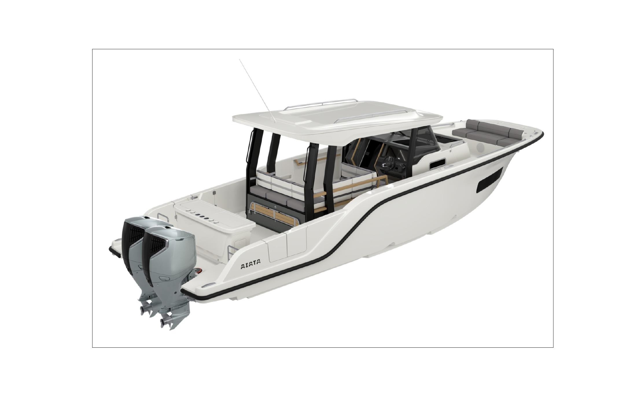 2026 Aiata Wayfinder 38 Suntop boat with dual outboard engines, sleek design, and spacious deck.