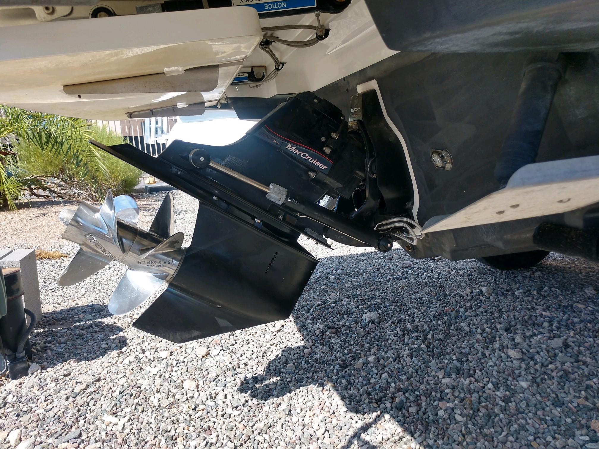 Close-up of 2018 Sea Ray SLX 280 boat propeller and stern drive.