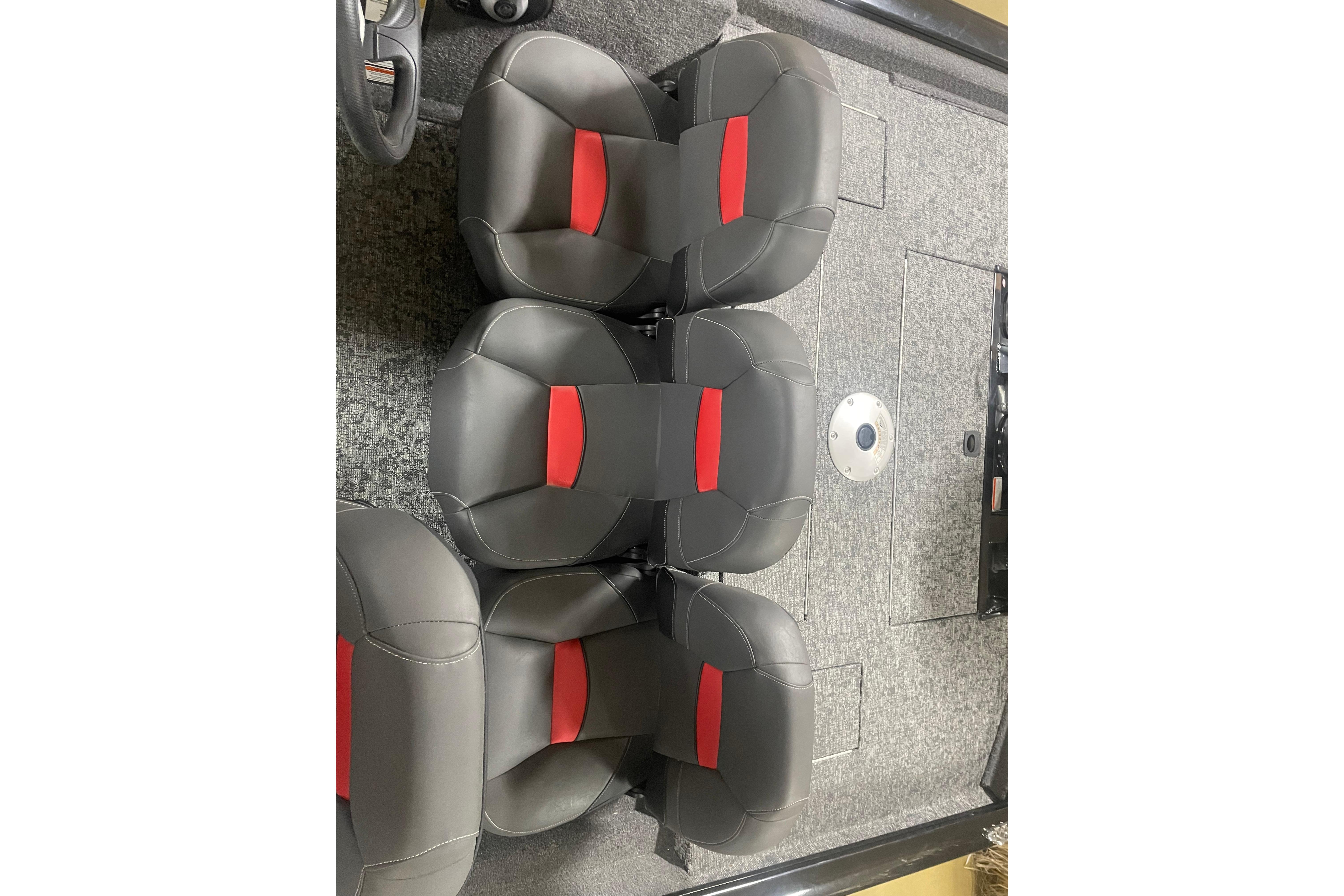 2026 Tracker Pro Team 175 Crappie Edition boat interior with gray and red seating.