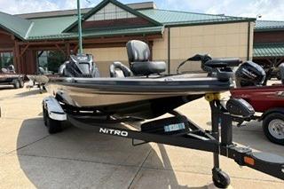 2026 Nitro Z18 boat displayed outdoors, featuring sleek design and modern equipment.