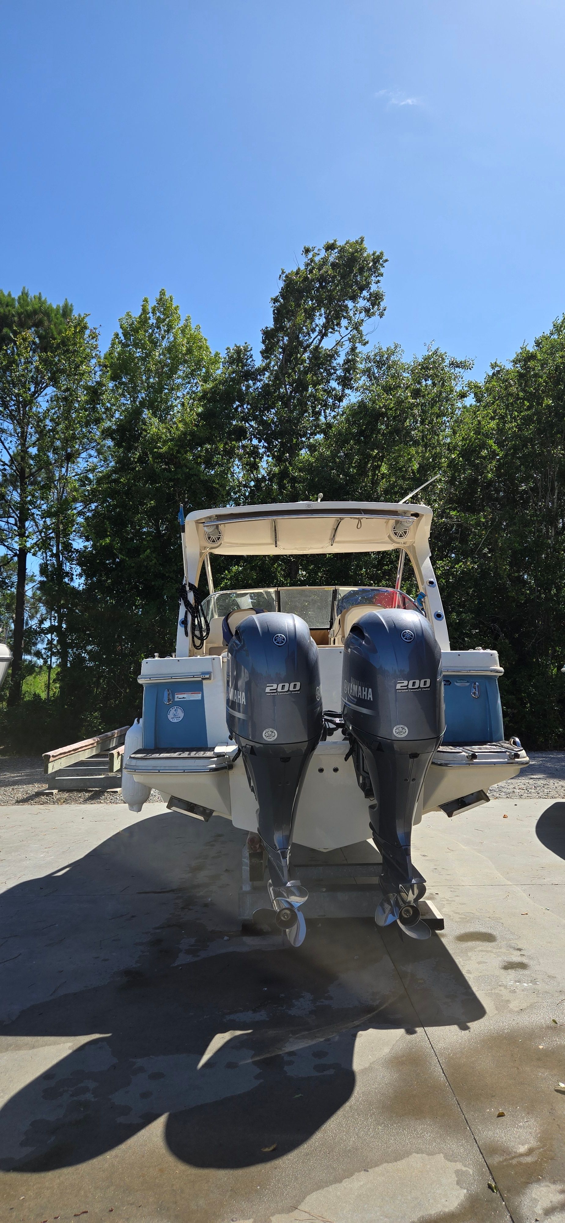 2019 Scout 275 Dorado boat with twin outboard engines.