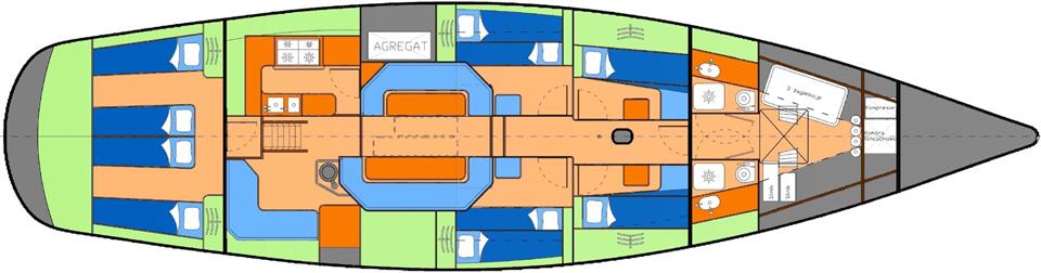 Floor plan of a 1995 Devonport Challenge 67 yacht, showing cabin and layout details.