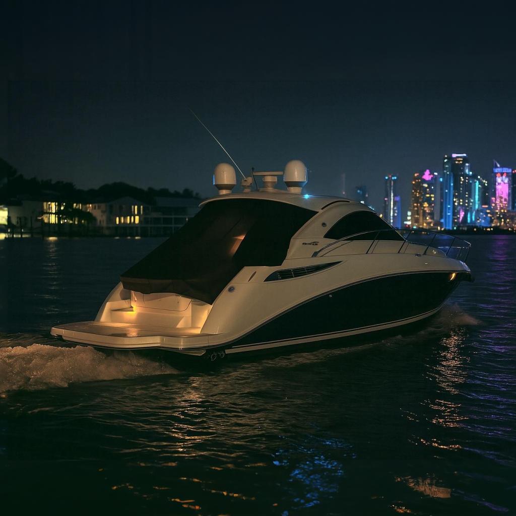 2013 Sea Ray 410 Sundancer yacht cruising at night with city skyline backdrop.
