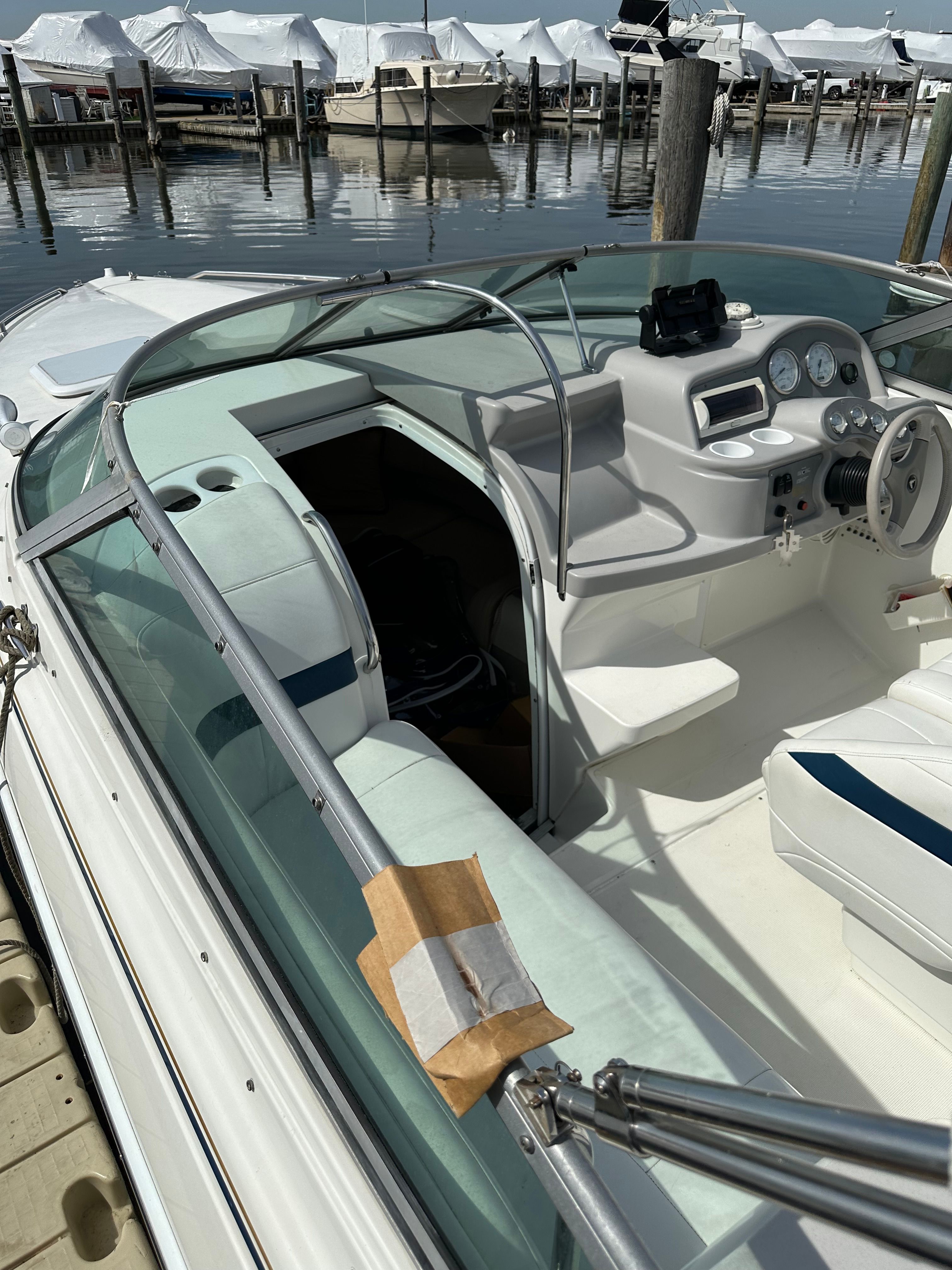 Interior view of a 2000 Formula 260 Sun Sport boat at the dock.