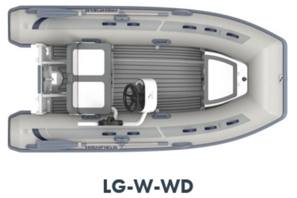 2025 Highfield CL340 inflatable boat, top view, gray and white design, labeled LG-W-WD.