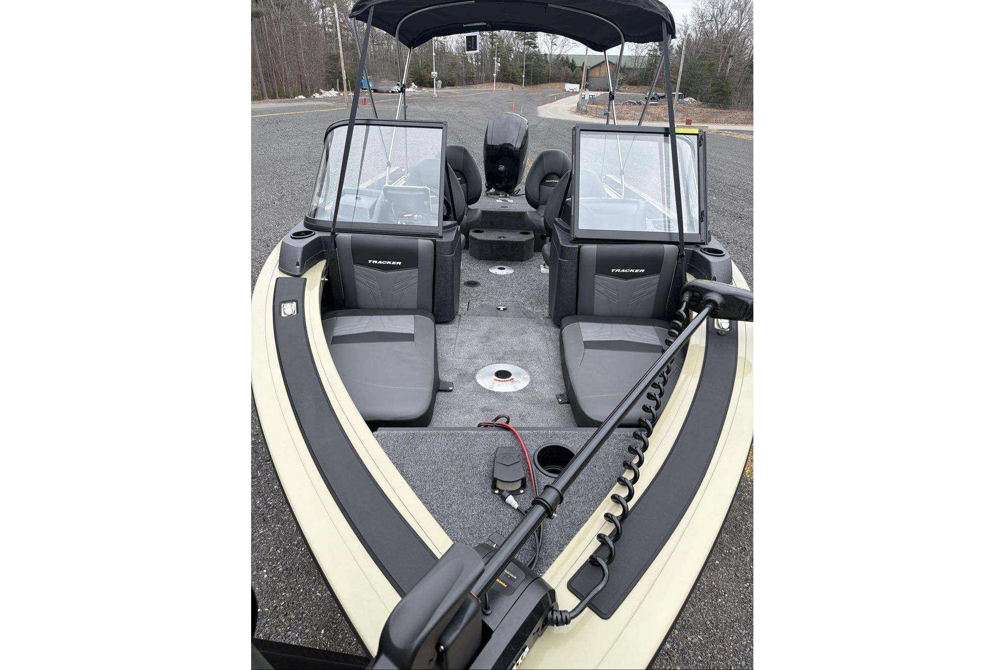 2026 Tracker Targa V-18 Combo boat interior with seating and windshield.