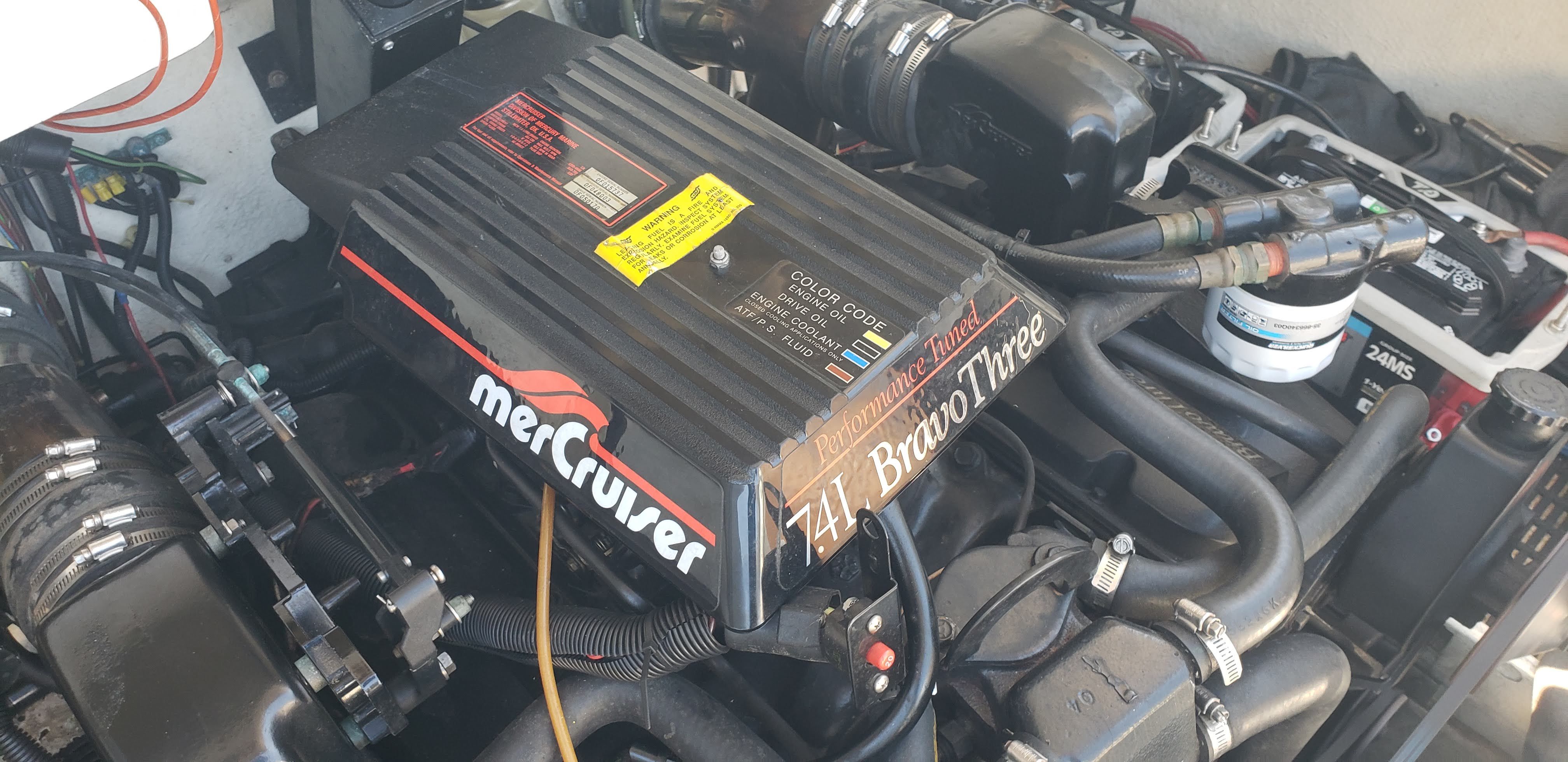 Engine of a 1993 Cobalt 272 with MerCruiser Bravo Three.
