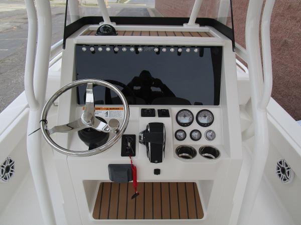 2024 Ranger 2360 Bay boat console with steering wheel, gauges, and controls.