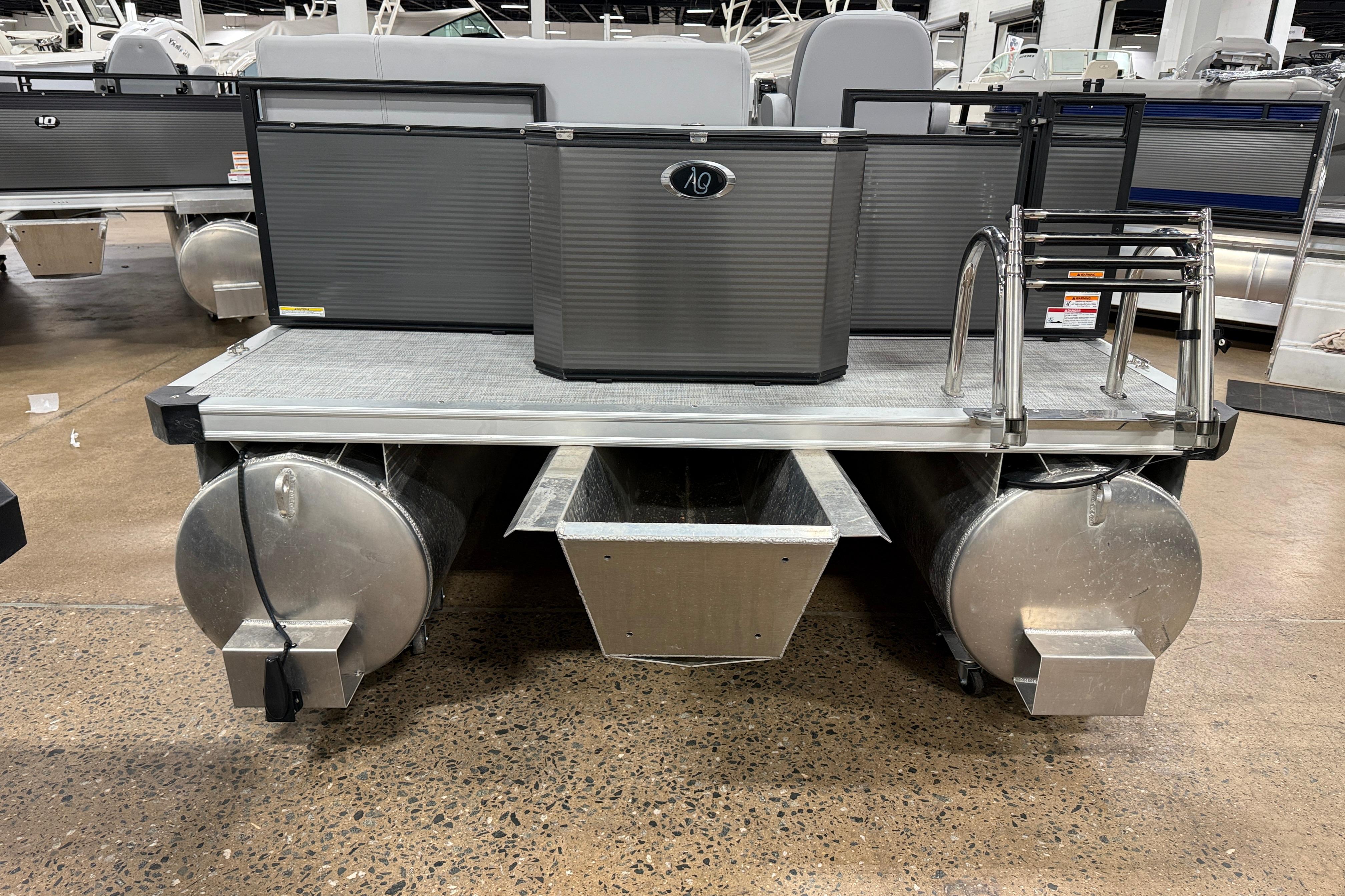 2026 Angler Quest 818 Panfish Cruise pontoon boat, rear view with ladder and seating.