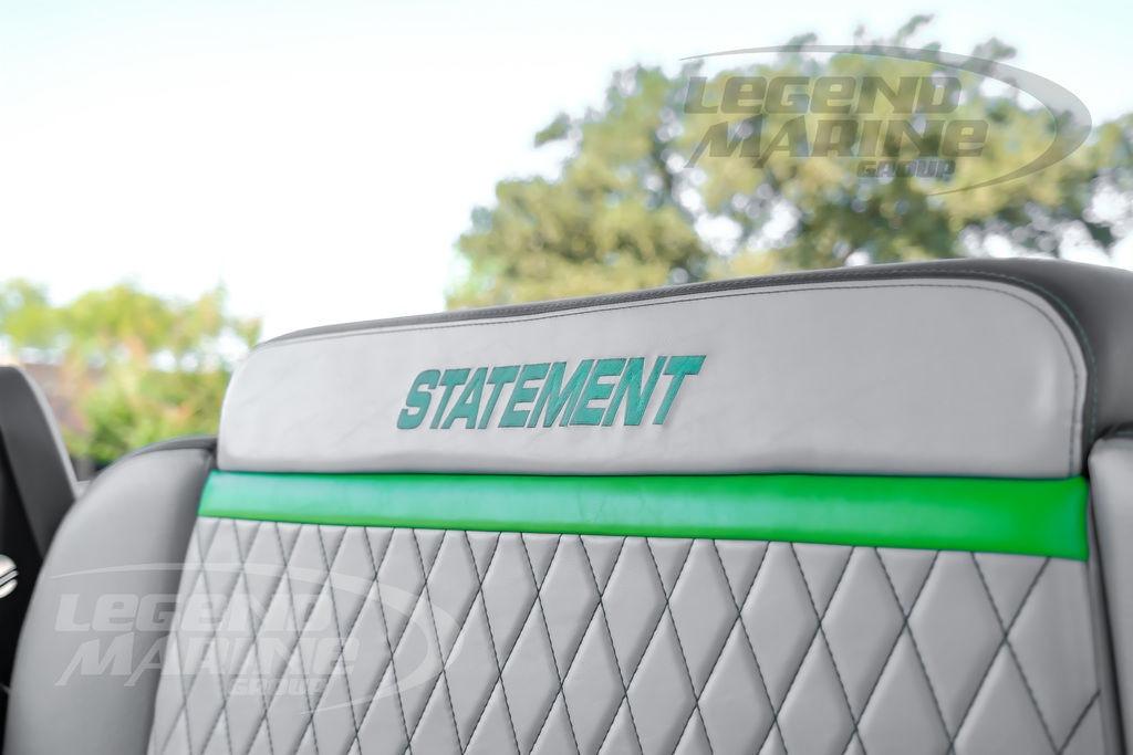 2024 Statement 350 Open boat seat with green accents and quilted design.