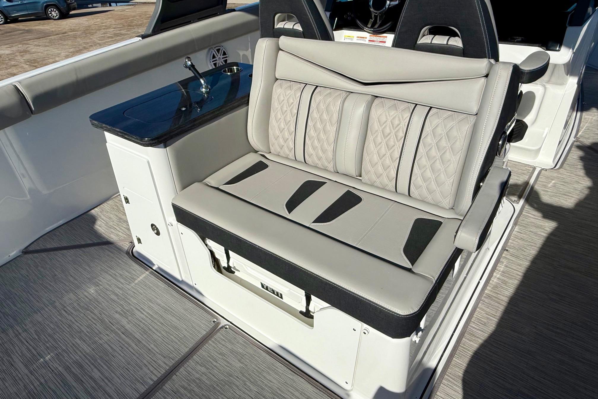 Luxurious seating in the 2026 Monterey Elite 30 OB boat.
