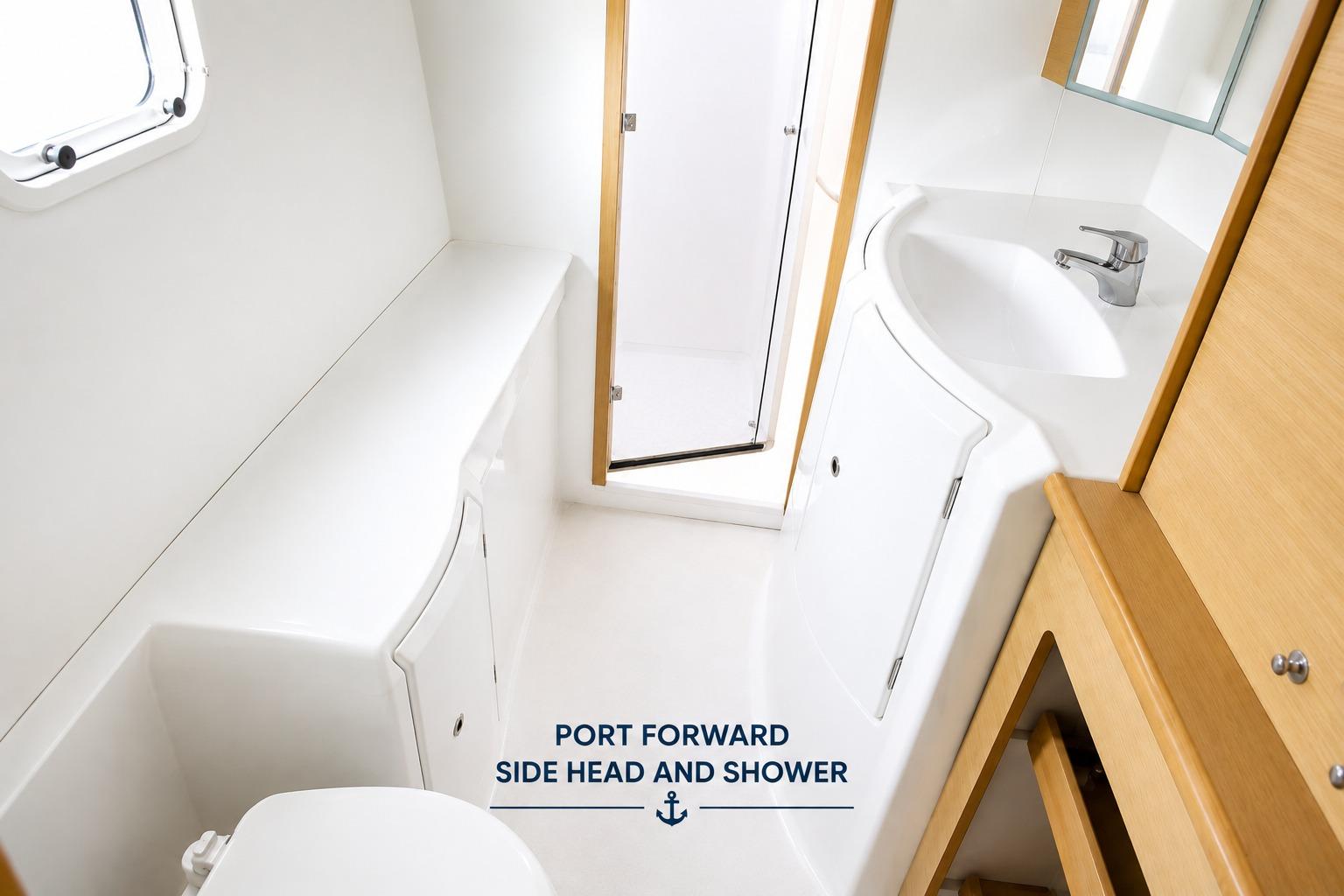 Port forward head and shower in 2010 Lagoon 421 yacht, featuring sleek white design.