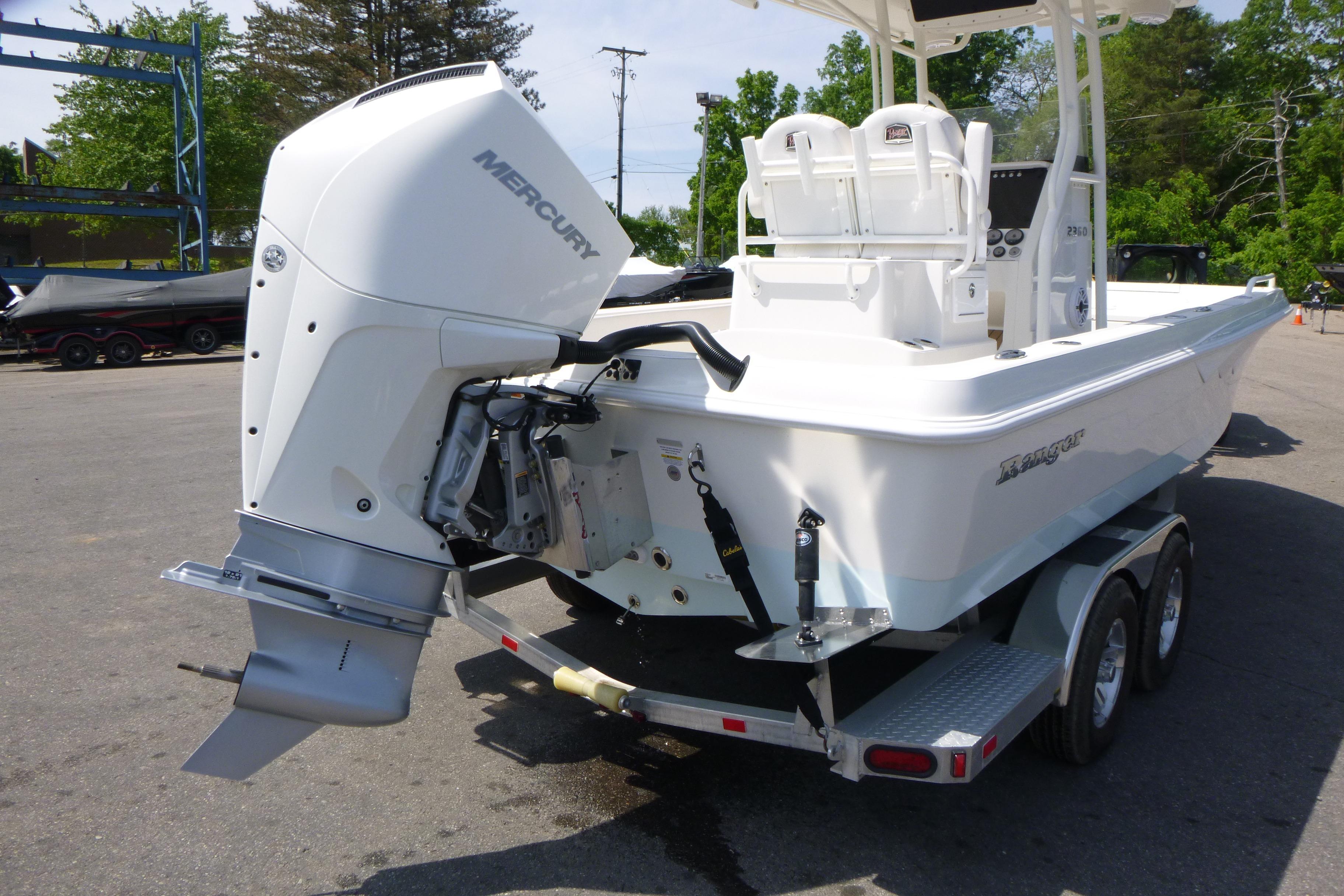 2024 Ranger 2360 Bay boat with Mercury outboard engine on a trailer.
