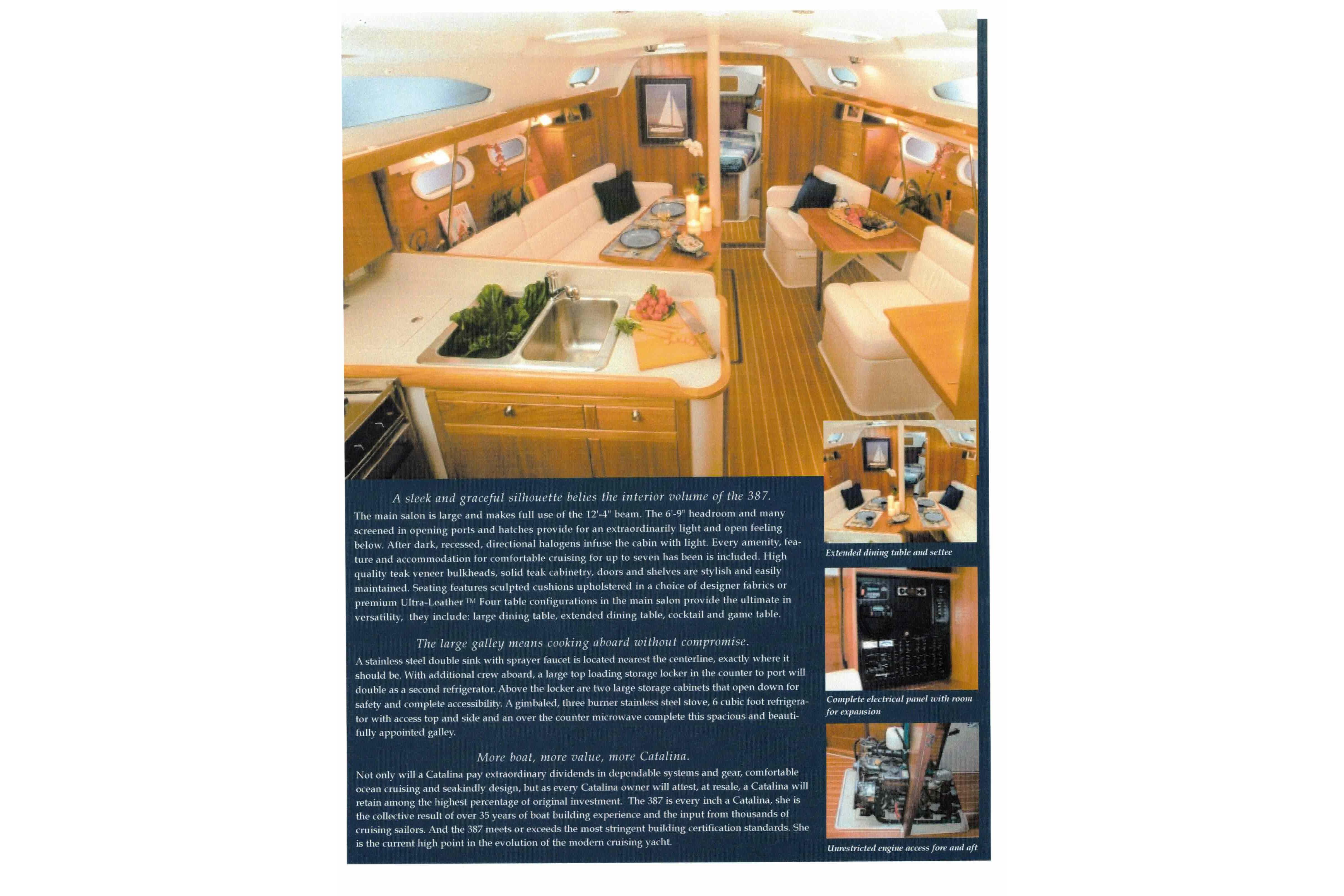 Interior view of 2006 Catalina 387 yacht showcasing spacious salon and kitchen area.