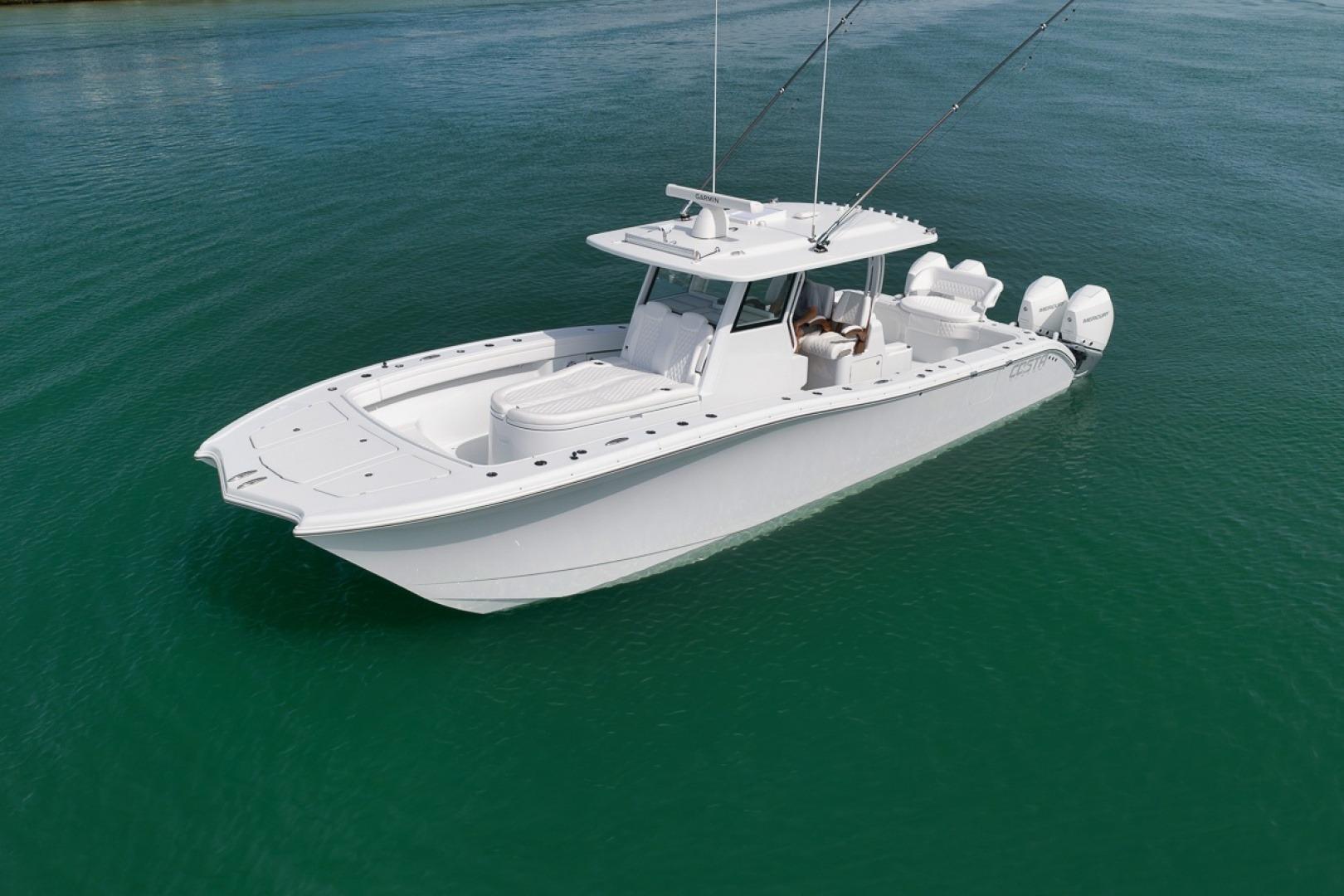 2024 Costa Custom Boats 34SV on calm water, showcasing sleek design and triple engines.