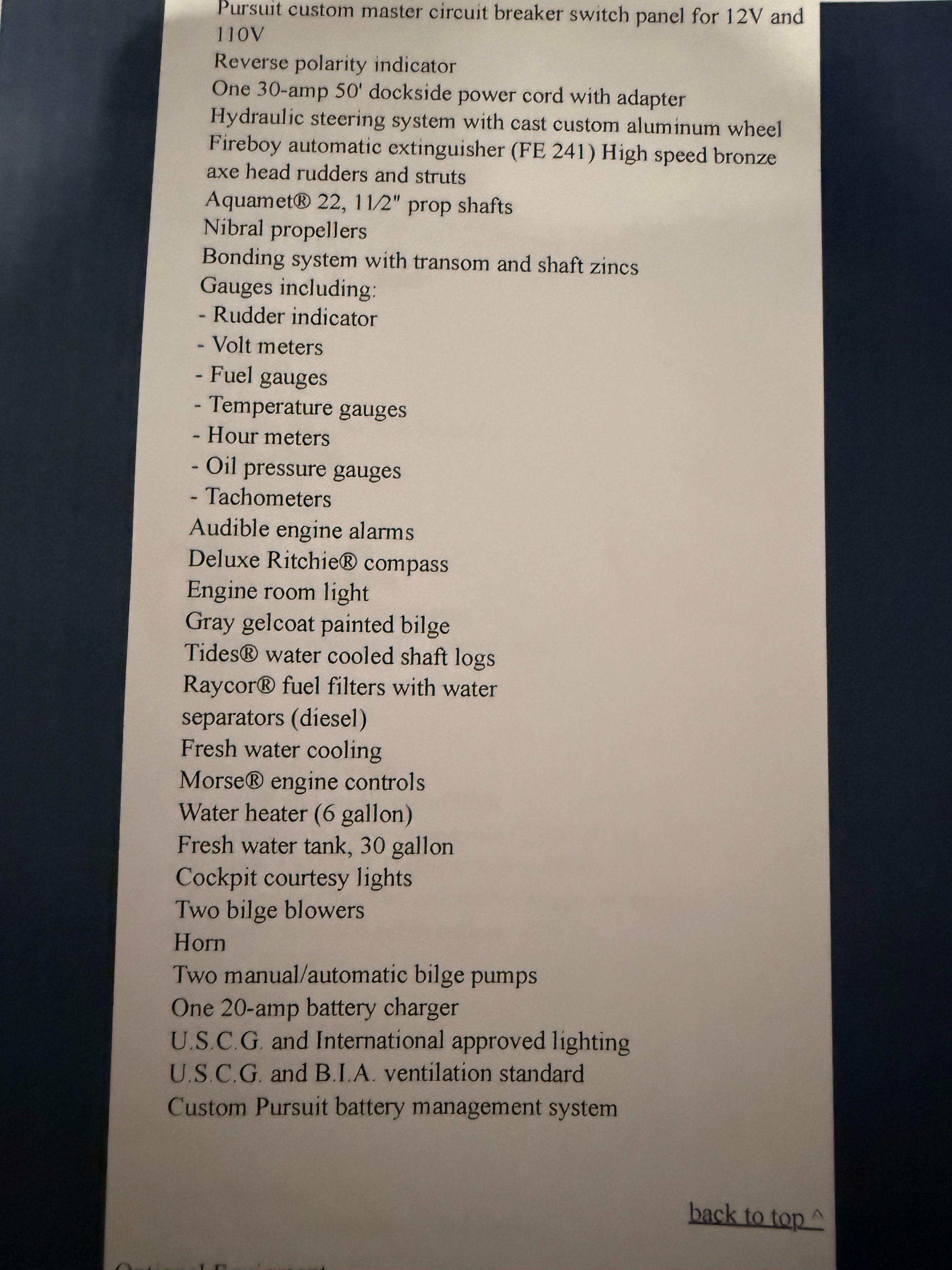 List of features for a 2002 Pursuit 3000 Express, including engines and navigation system.
