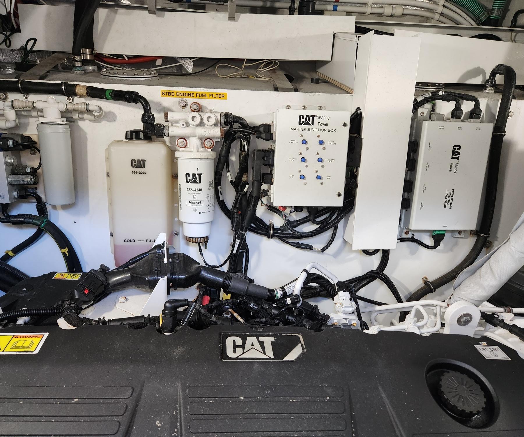 Engine room of a 2018 Sunseeker Predator yacht with CAT machinery.