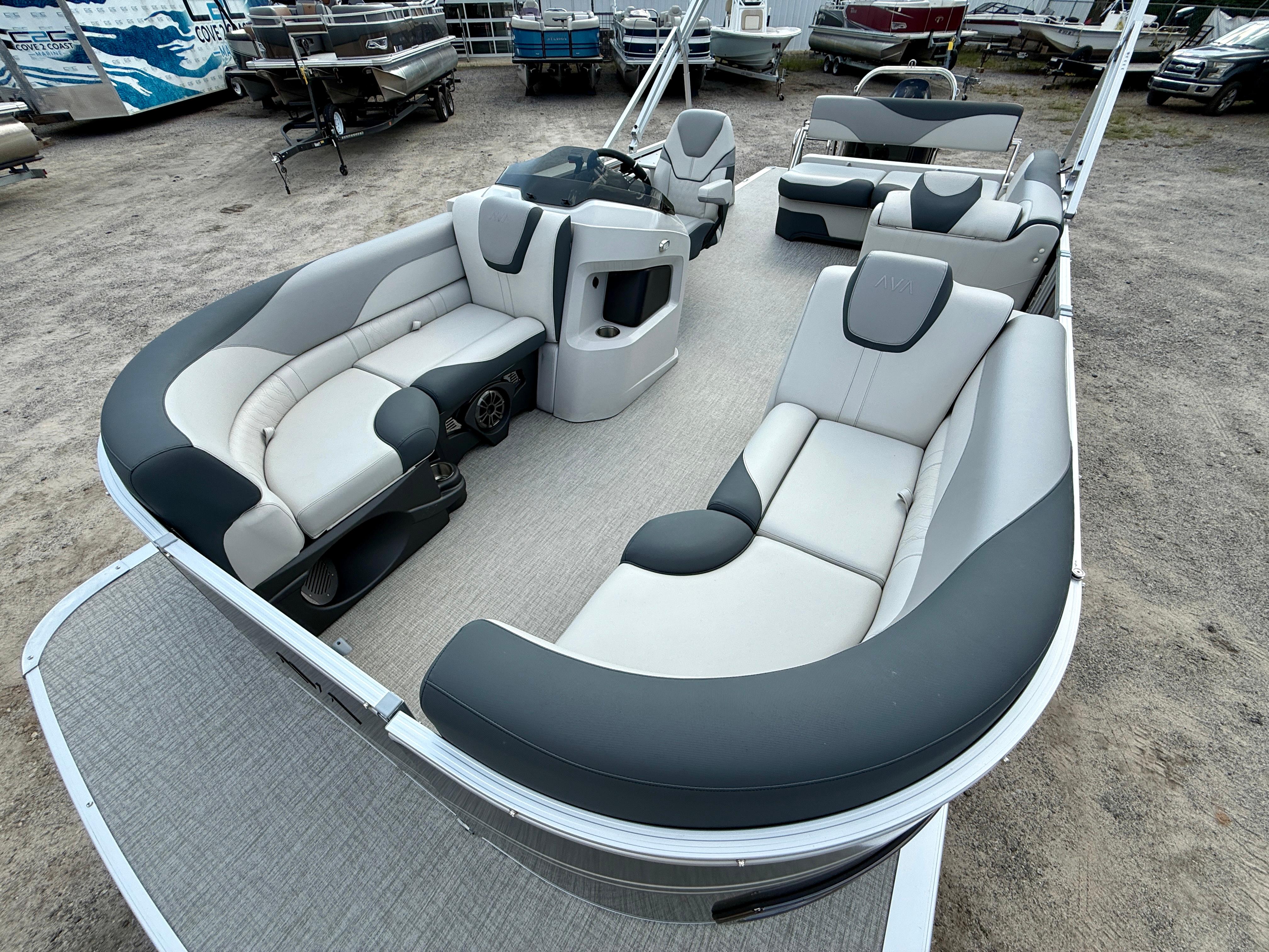 2025 Avalon LSZ Cruise Rear Bench pontoon boat with spacious seating and modern design.