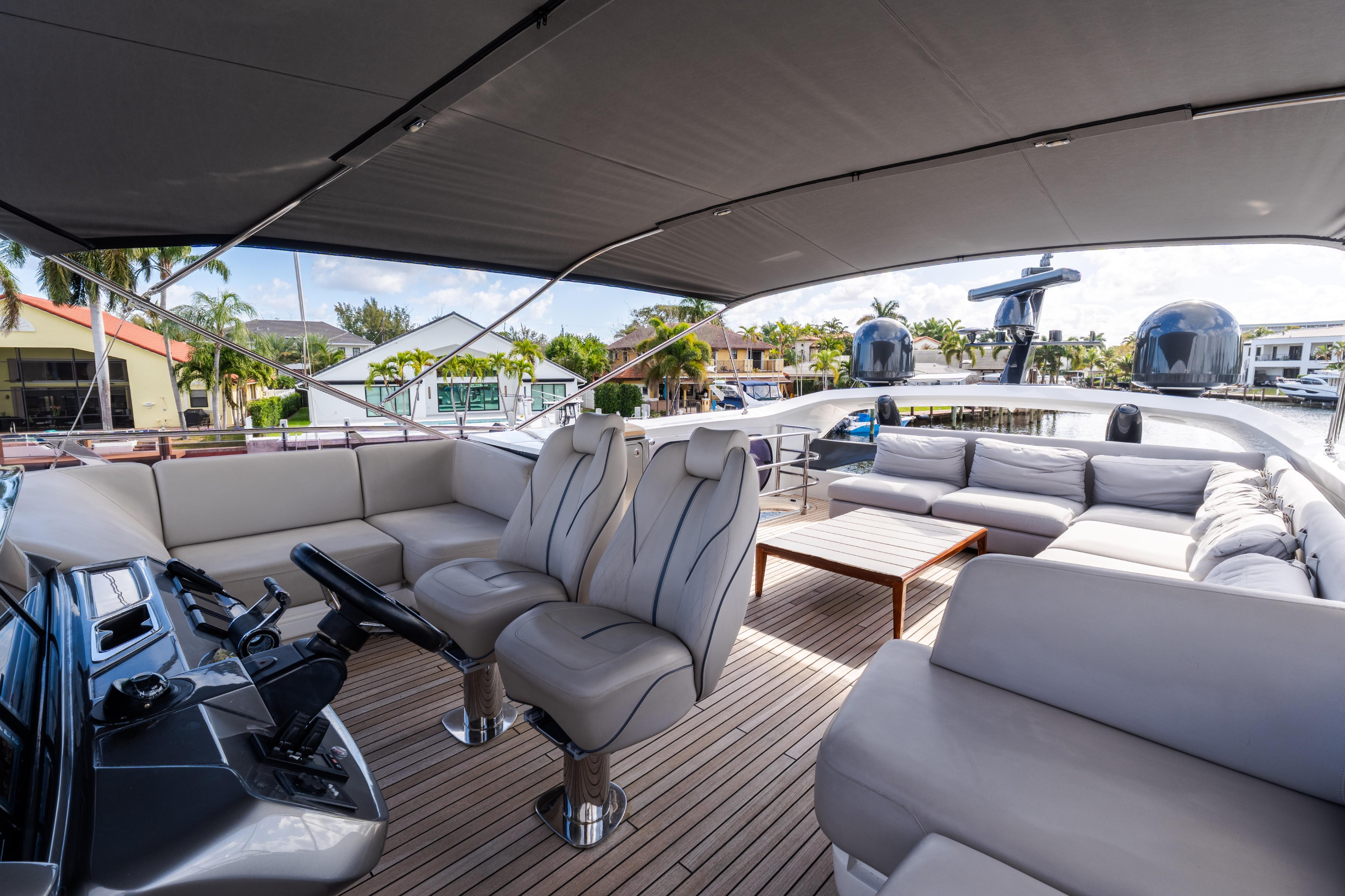 Luxurious 2019 Princess S78 yacht deck with plush seating and modern helm.