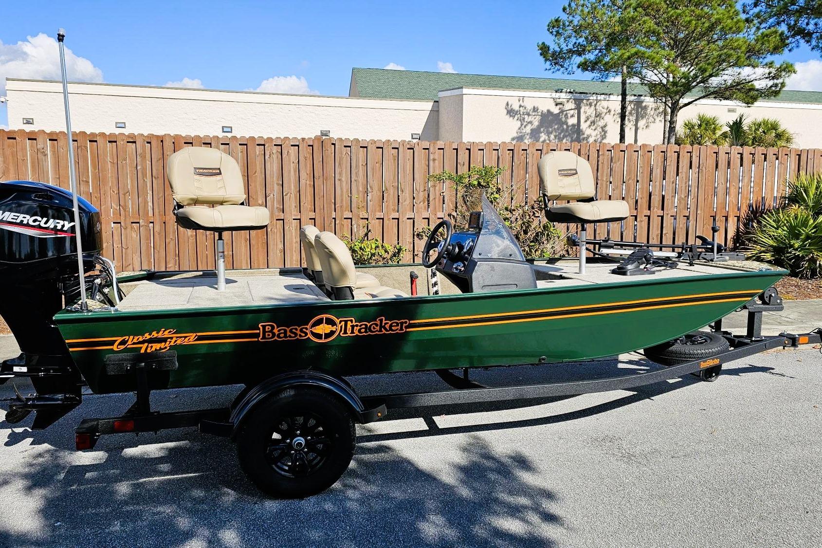 2026 Tracker Bass Tracker Classic Limited fishing boat on trailer, parked outdoors.