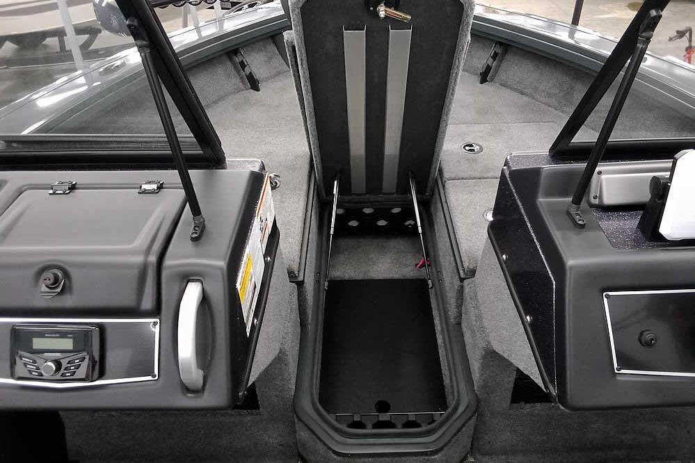 Interior view of 2026 Ranger VX1888 WT boat cockpit with storage compartments.