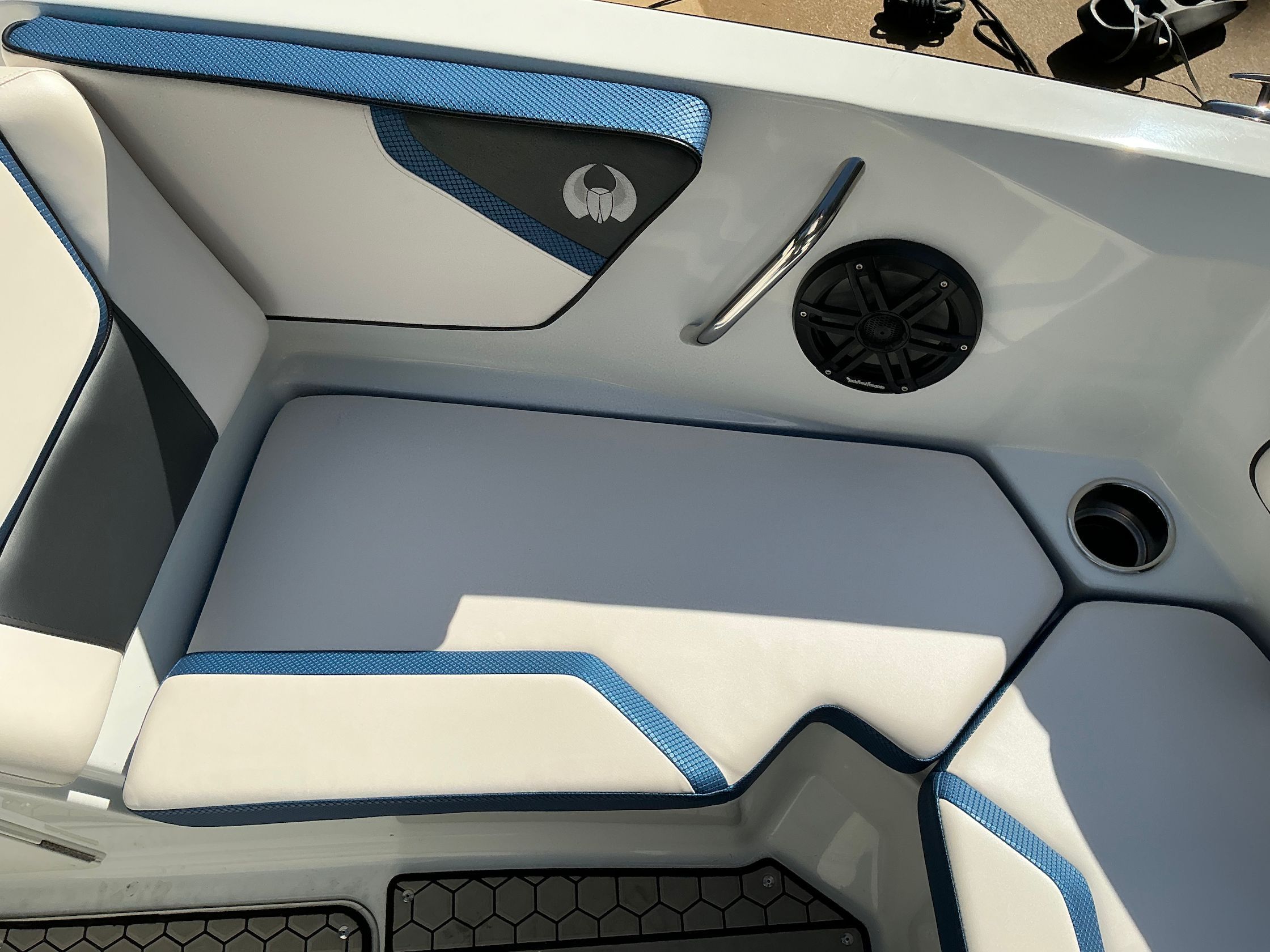 Interior of 2021 Scarab 215 ID with blue accents.