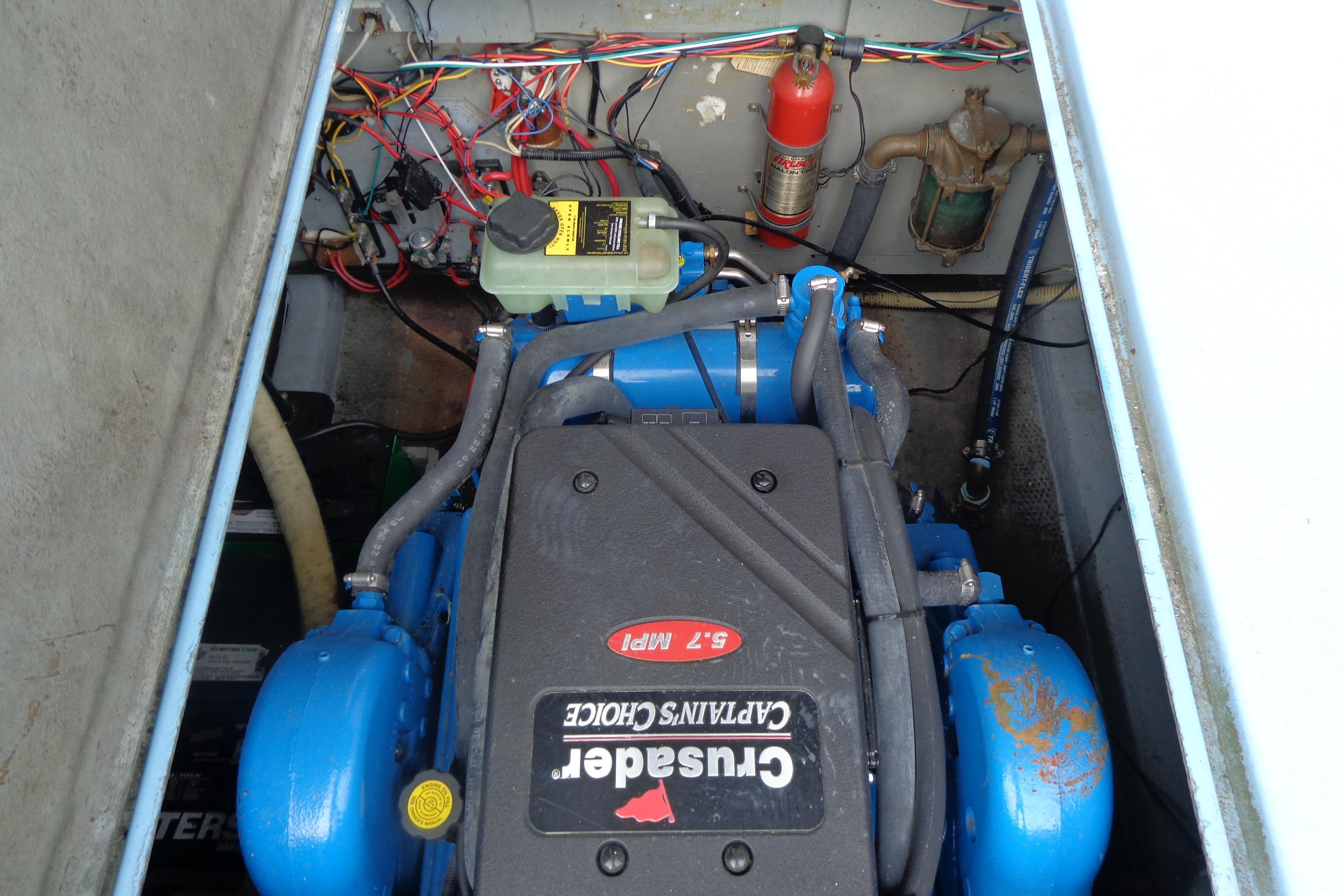 Engine compartment of a 1976 Tolly sedan with Crusader Captain's Choice engine.