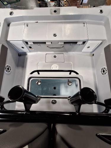 2025 Ranger 2660 Bay boat interior with storage compartments and rod holders.