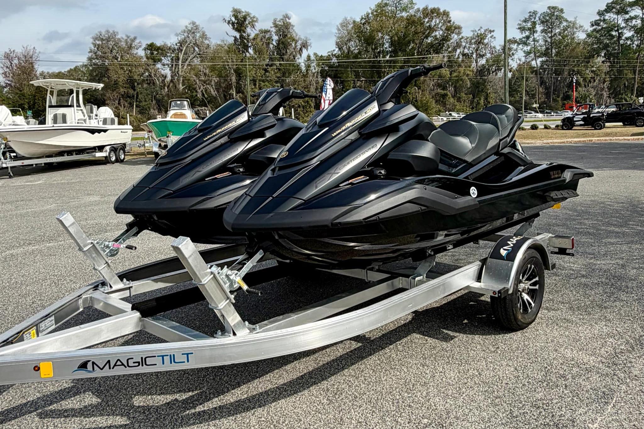 2026 Yamaha WaveRunner FX Limited SVHO jet skis on a trailer, parked outdoors.
