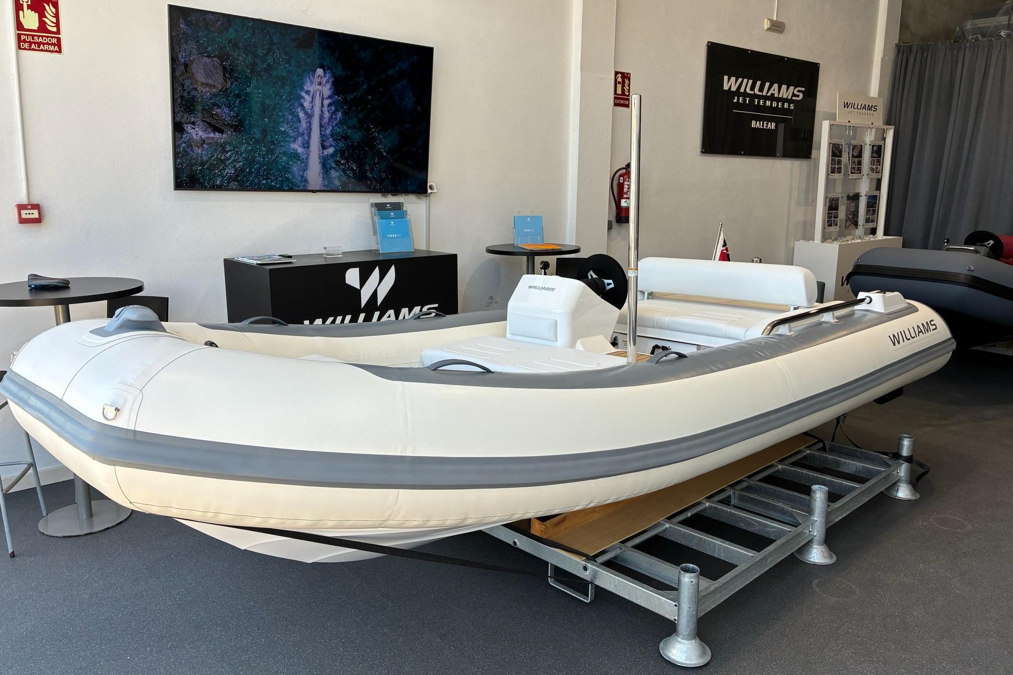 2026 Williams Jet Tenders Sportjet 435 on display in showroom setting.