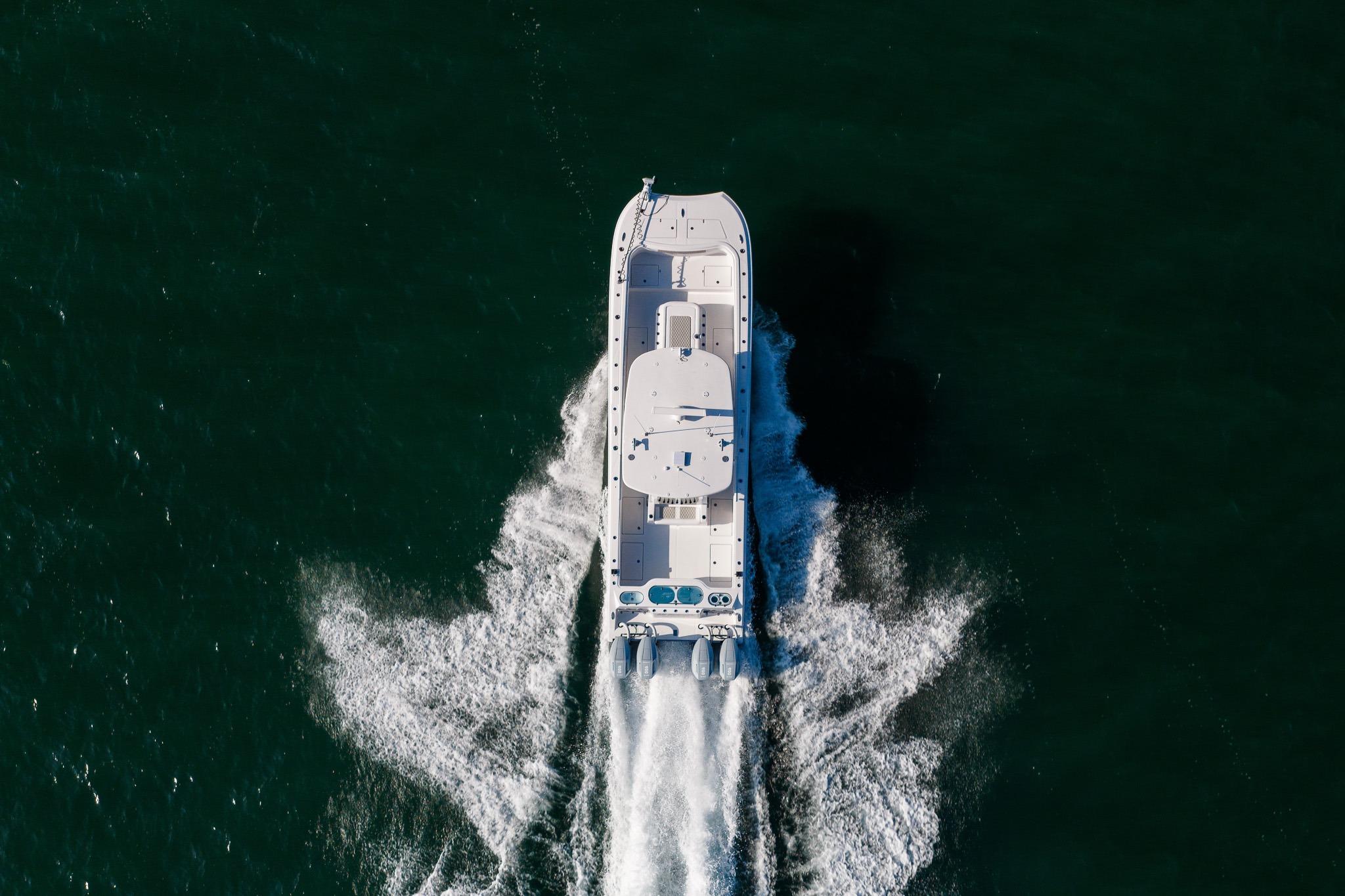 Aerial view of 2026 Front Runner 37 Catamaran cruising on open water.