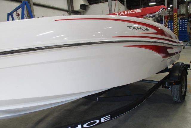 2024 Tahoe T16 boat with sleek white and red design on a trailer.