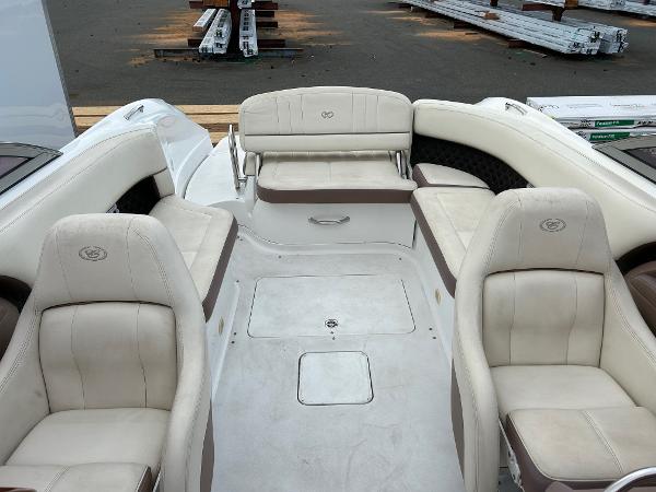 2010 Cobalt 262 boat interior with white leather seating.