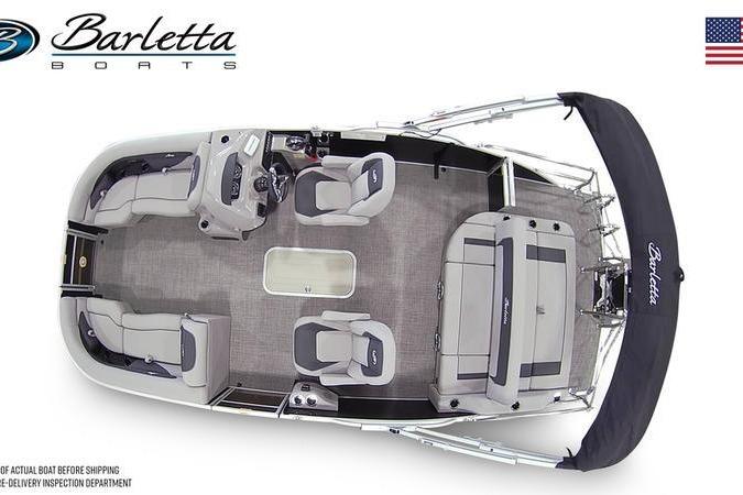Barletta ARIA 22UC 2025 pontoon boat, top view, spacious seating, modern design.